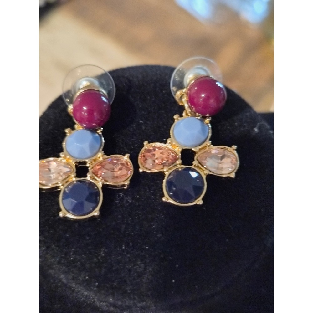 Multicolor Crystal Bead‎ Drop Earrings Gold Tone Cross Cluster Statement Jewelry